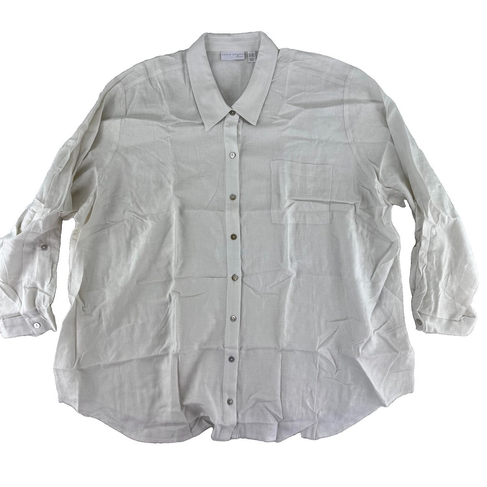 Susan Graver Pure Linen Blend Button Front Shirt 3XP White